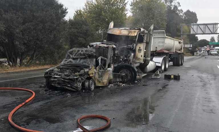 Big rig smashes multiple cars, bursts into flames on Highway 1