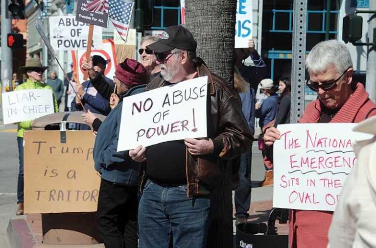 A Presidents’ Day protest: Rally held to counter Trump’s emergency declaration