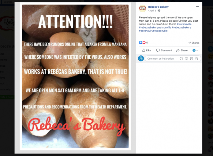Rebecca's Bakery COVID-19