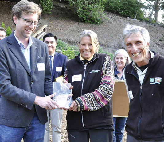 Group of people watching while an award is handed to a woman