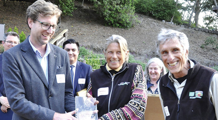 Group of people watching while an award is handed to a woman