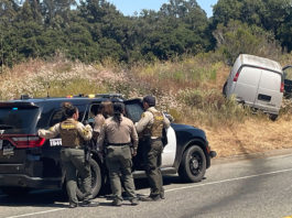 sheriffs look on at van that skidded off the road