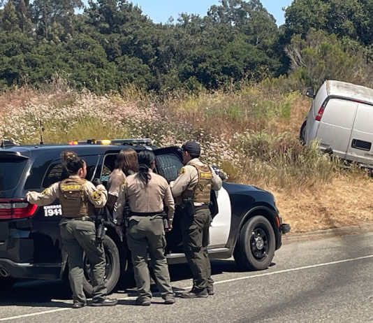 sheriffs look on at van that skidded off the road