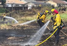 firefighters douse a grass fire on the 300 block of Amesti Road Friday.