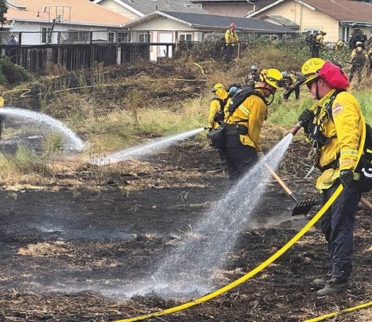 firefighters douse a grass fire on the 300 block of Amesti Road Friday.