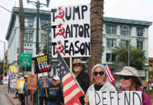 People line main street in Watsonville Saturday to protest President Trump's policies.