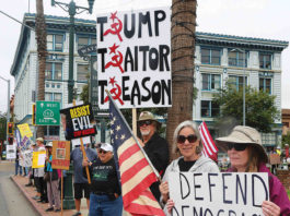 People line main street in Watsonville Saturday to protest President Trump's policies.