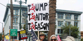 People line main street in Watsonville Saturday to protest President Trump's policies.
