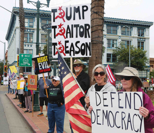 People line main street in Watsonville Saturday to protest President Trump's policies.