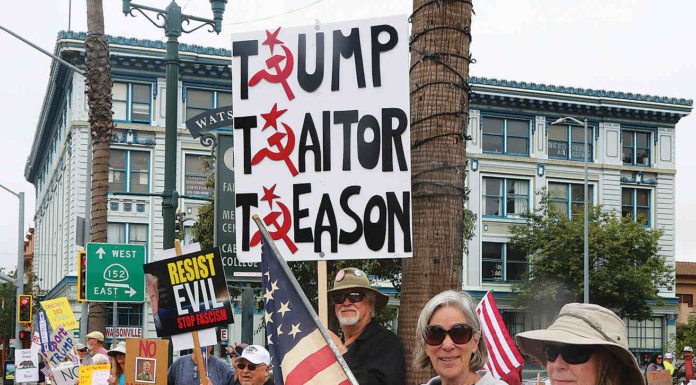 People line main street in Watsonville Saturday to protest President Trump's policies.