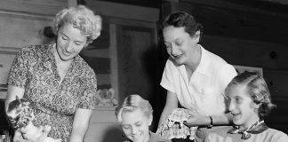 These folks prepare for an exhibit at Salsipuedes School by the PTA on Oct. 20, 1955