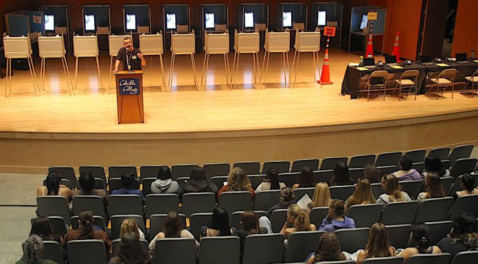 Santa Cruz County Superintendent of Schools Faris Sabbah addresses about 150 high school students at the start of the Santa Cruz Countuy Youth Civics Summit at Cabrillo College.