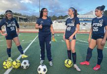 Gina Castañeda (second from left) works with the girls varsity soccer team at Aptos High School