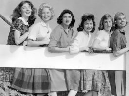 Contestants for the Cabrillo College football queen line up for a photo on Nov. 21, 1959. Shown here are Beverleigh Jordon (from left), Lacretia Wilson, Cloren Lucini, Mary Avila, Bonnie Freeman and Nancy Jones.