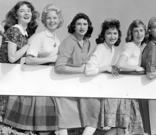 Contestants for the Cabrillo College football queen line up for a photo on Nov. 21, 1959. Shown here are Beverleigh Jordon (from left), Lacretia Wilson, Cloren Lucini, Mary Avila, Bonnie Freeman and Nancy Jones.