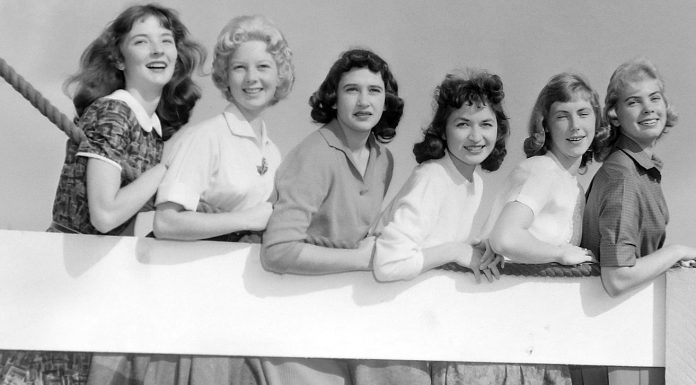 Contestants for the Cabrillo College football queen line up for a photo on Nov. 21, 1959. Shown here are Beverleigh Jordon (from left), Lacretia Wilson, Cloren Lucini, Mary Avila, Bonnie Freeman and Nancy Jones.