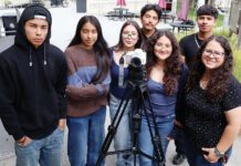 Video Production students Martin Avalos, left, with Lupita Vega, Emily Hernandez, Balian Hipolito, Julissa Bejar, Adrian Alonzo, and teacher Maria Bonner.