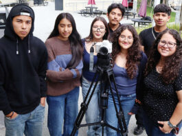 Video Production students Martin Avalos, left, with Lupita Vega, Emily Hernandez, Balian Hipolito, Julissa Bejar, Adrian Alonzo, and teacher Maria Bonner.