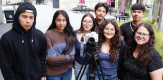 Video Production students Martin Avalos, left, with Lupita Vega, Emily Hernandez, Balian Hipolito, Julissa Bejar, Adrian Alonzo, and teacher Maria Bonner.