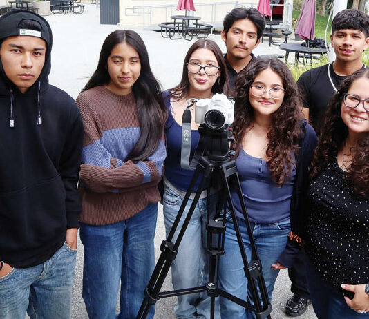 Video Production students Martin Avalos, left, with Lupita Vega, Emily Hernandez, Balian Hipolito, Julissa Bejar, Adrian Alonzo, and teacher Maria Bonner.
