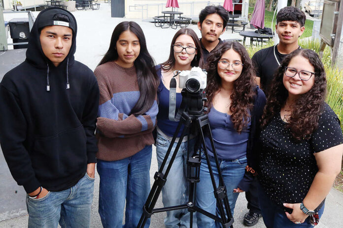 Video Production students Martin Avalos, left, with Lupita Vega, Emily Hernandez, Balian Hipolito, Julissa Bejar, Adrian Alonzo, and teacher Maria Bonner.