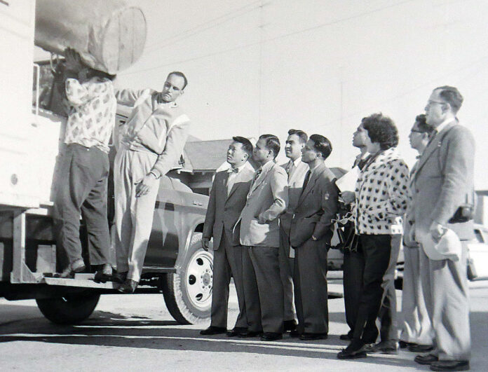 Foreign visitors get a tour of the Garbage Department in Watsonville on Jan. 19, 1957.