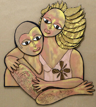 Melanie Oldach created &ldquo;The Golden Couple&rdquo; with cardboard and paint. (Tarmo Hannula/The Pajaronian)