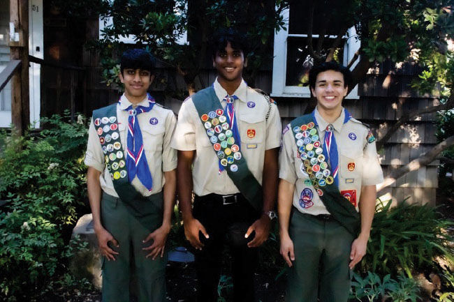 Troop 37’s new Eagle Scouts are, from left, Rohit Kuppireddy, Rohan Ramachandran and Alex Mihalko.